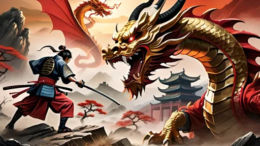 Prompt: Realistic illustration of two samurai fighters battling in a desolate Chinese landscape, with a majestic golden-red dragon in the background, intense combat, detailed kimono and armor, ancient ruins, dramatic lighting, high quality, realistic style, detailed characters, epic battle, Chinese landscape, majestic dragon, ancient ruins, intense combat, detailed clothing, dramatic lighting