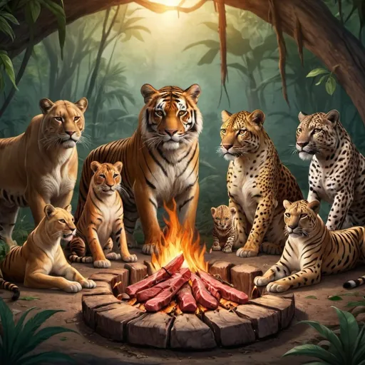 Prompt: A tiger, a lion, a leopard, a cheetah, a lux and a puma sit in a circle and have a campfire on which meat from an animal is roasted in the jungle. 