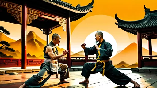 Prompt: Two Shaolin fighters in fightposisinin the foreground, a monastery with a Buddha statue in the background, a grandmaster with a long white beard and eyebrows sitting in the room, sunset with golden hues, traditional Chinese painting, detailed martial arts stances, serene atmosphere, high quality, traditional art style, tranquil lighting, ancient Chinese architecture, detailed facial expressions, intricate brushwork, peaceful ambiance, sunset lighting, kung fu, serene, detailed scenery