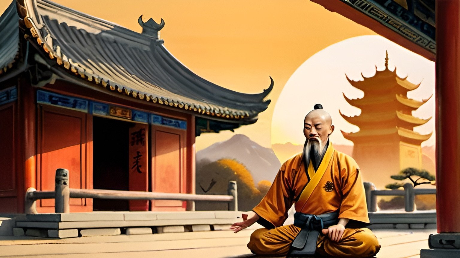 Prompt: Two Shaolin fighters in fightposisin in the foreground, a monastery with a Buddha statue in the background, a grandmaster with a long white beard and eyebrows sitting in the room, sunset with golden hues, traditional Chinese painting, detailed martial arts stances, serene atmosphere, high quality, traditional art style, tranquil lighting, ancient Chinese architecture, detailed facial expressions, intricate brushwork, peaceful ambiance, sunset lighting, kung fu, serene, detailed scenery