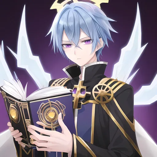 Prompt: sky blue-haired anime man, black-gold priest costume, purple eyes, holding white grimoire with gold frames, emotionless
