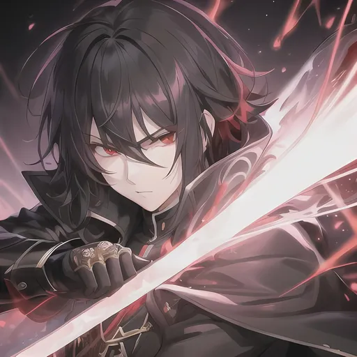 Prompt: Handsome young male, highly detailed and clear red eyes, a young anime man with short black fringe hair, wearing black trenchcoat, clear sparkling red glowing eyes, a cold expression, holding a black sword in each of his hands, fantasy, red eyes, intricately detailed face, intricate, highly-detailed, large landscape, mechanics, dramatic lighting, gorgeous face, lifelike, stunning, anime young man face, digital painting, large, artstation, illustration, concept art, smooth, sharp focus, looking at viewer, full body, photography, detailed skin, realistic, photo-realistic, 8k, highly detailed, full length frame, High detail, full body art, 