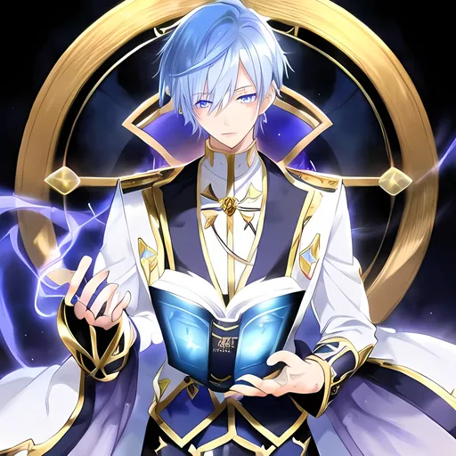 sky blue-haired anime man, black-gold priest costume...