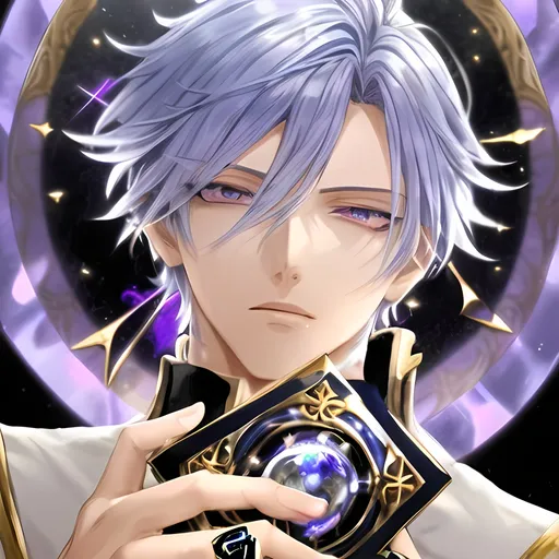 Prompt: handsome anime man, sky blue colored hair, detailed lavender iris, holding a white grimoire with gold frames, short hair, wearing a black and gold priest uniform, ring with sapphire gemstone, detailed fingers, intricate lavender eyes, sky blue hair, dramatic background, lavender eyes, detailed lavender eyes, detailed fingers, close-up, reaching hands to audience