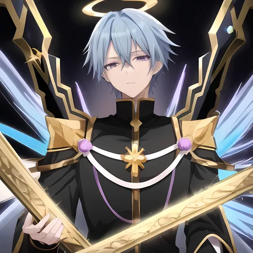 Prompt: sky blue-haired anime man, black-gold priest costume, purple eyes, holding white grimoire with gold frames, emotionless, dramatic background
