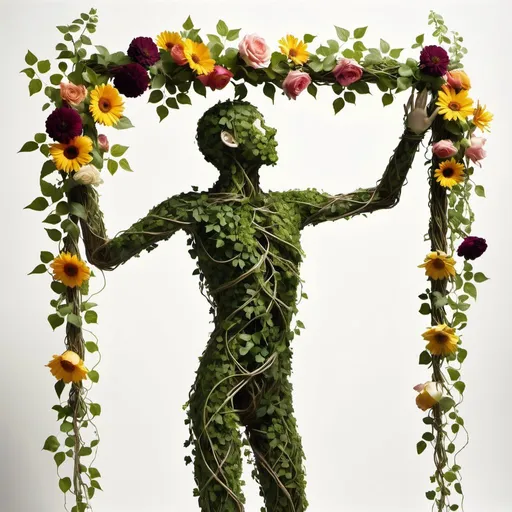 Prompt: A humanoid body made of flowers and vines, reaching out to onlookers that doesn't appear accepting 