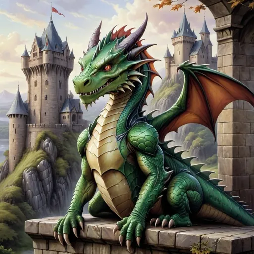 Prompt: a cartoon dragon sitting on a wall with a castle in the background and a castle in the foreground, Anne Stokes, fantasy art, dragon art, a character portrait