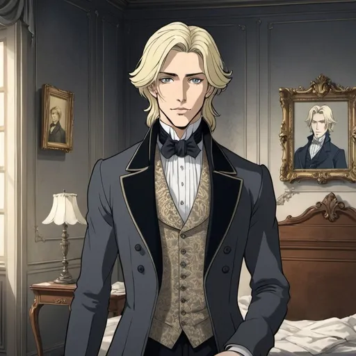 Prompt: Create an image of a room from 1800 with a portrait of Dorian Gray (the room is empty and Dorian Gray is blonde) stylish anime