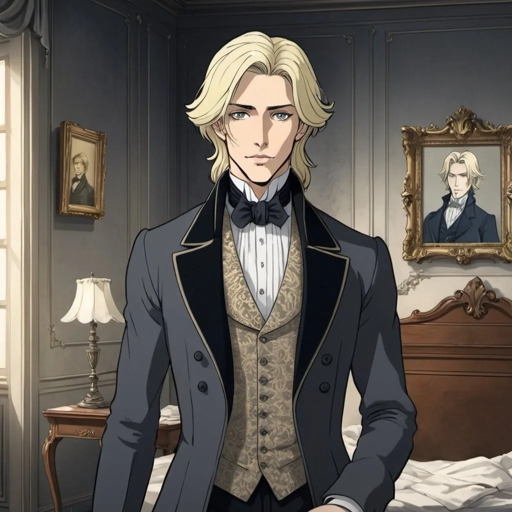 Prompt: Create an image of a room from 1800 with a portrait of Dorian Gray (the room is empty and Dorian Gray is blonde) stylish anime