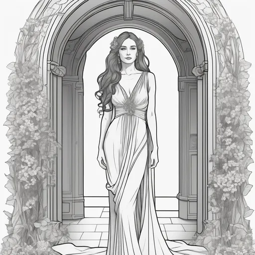 Prompt: create an art noveau style coloring page of a beautiful woman in a draped flowing gown in an archway with flowers and long hair