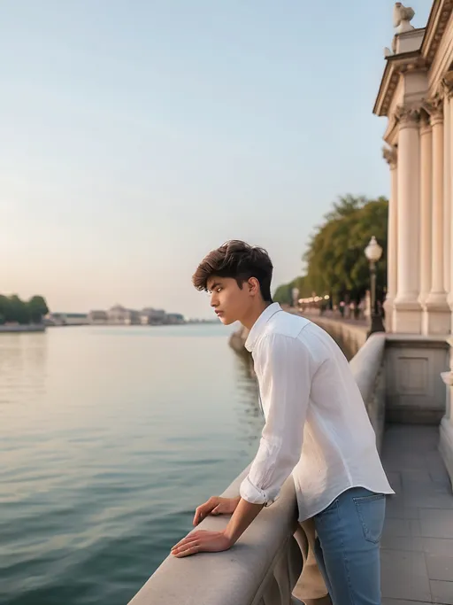 Prompt: Standing on a picturesque waterfront promenade, a young man leans against a stone railing, gazing thoughtfully into the distance. His casual outfit—a crisp white shirt and faded blue jeans—contrasts subtly with the elegant architecture of a grand building in the background, hinting at an evening ambiance bathed in soft, warm light. The water reflects the pastel hues of the sky, creating a serene atmosphere as boats gently glide by. Nearby, people stroll leisurely along the path, enveloped in the tranquil surroundings of this urban escape, capturing a moment of contemplation amid the bustle of city life.