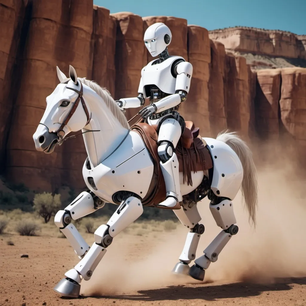 Prompt: AI RObot riding a horse in the wild west

