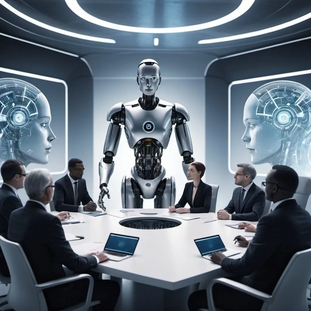 Prompt: A futuristic image that shows a council convening to discuss artificial intelligence and automation. Should be artistic and abstract. The image must be professional and include men and women
