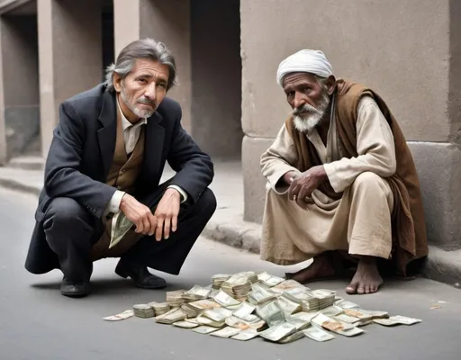 Prompt: A rich person, standing and full of money, next to a poor beggar sitting on the ground