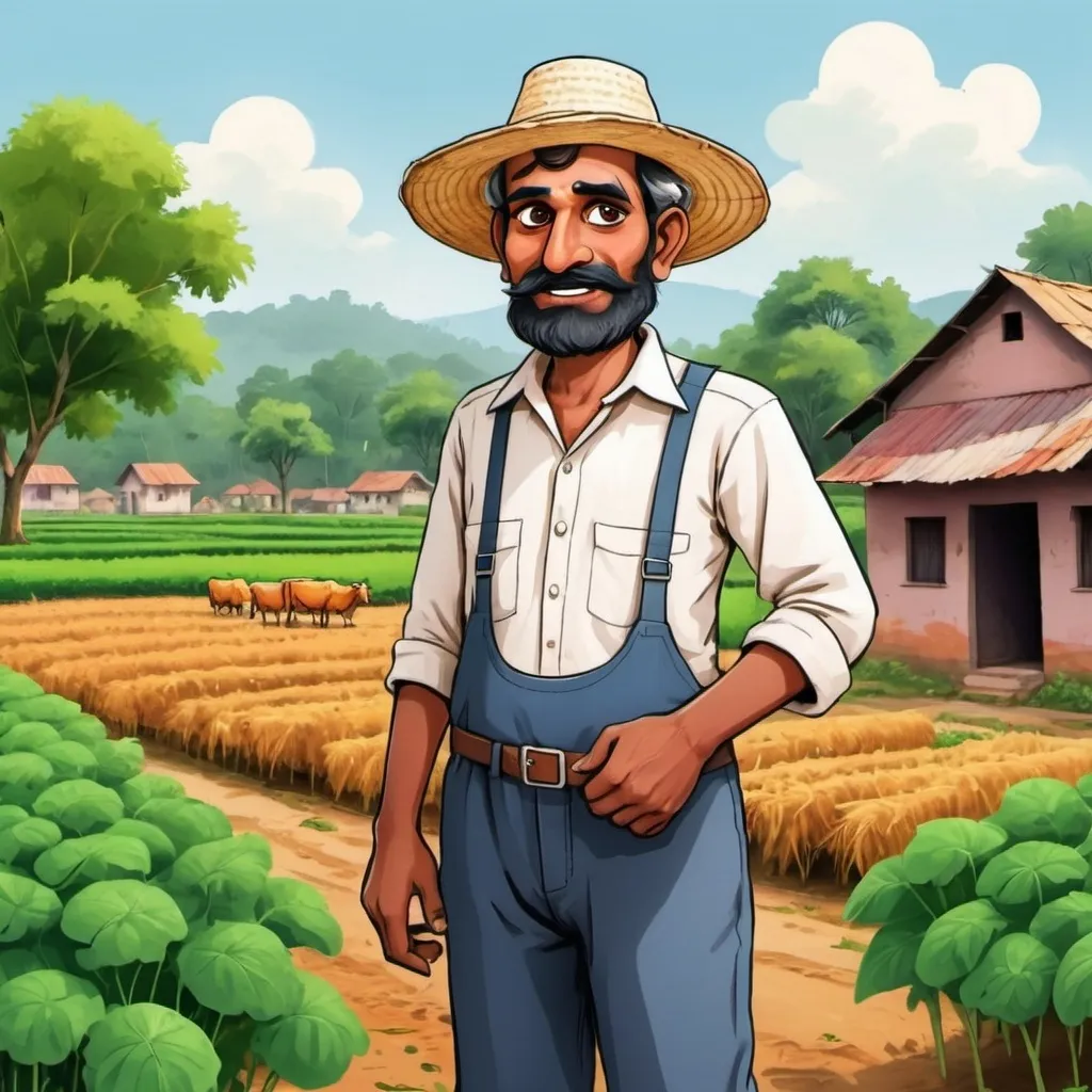 Prompt: In a quaint village in India, nestled among the lush green fields, lived a hardworking farmer named Ramesh.cartoon 2D