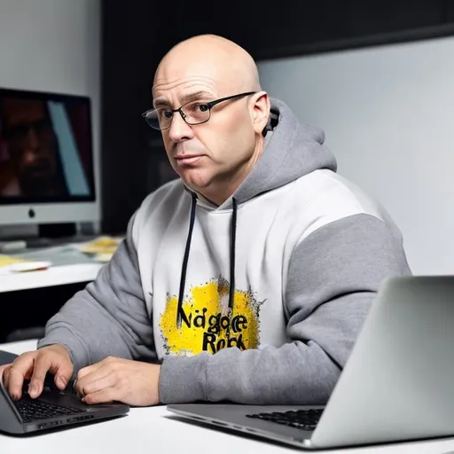 Prompt: A bald 50 year old white man, dark skin, slightly chubby, with dark stubble wearing a white hoodie with 'Nigel Rocks' printed on it, working on a Mac on a white desk
