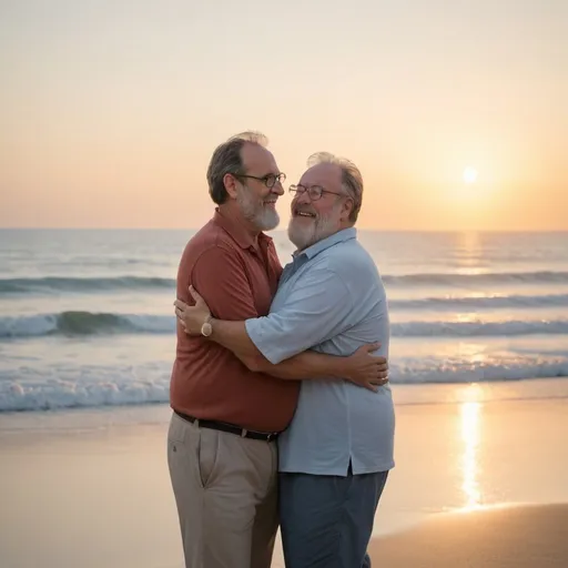 Prompt: A moving scene at dawn on the beach, in which two men appear happily hugging each other in summer clothes. One is a young, handsome, beardless, thin man with no facial hair, beardless, while the other is a mature, very overweight man, wearing prescription glasses and a white beard. The beach is illuminated by the soft glow of the sun, creating a serene atmosphere at the place. Gentle ocean waves can be seen in the background, reflecting the calm but deep connection between the two men.