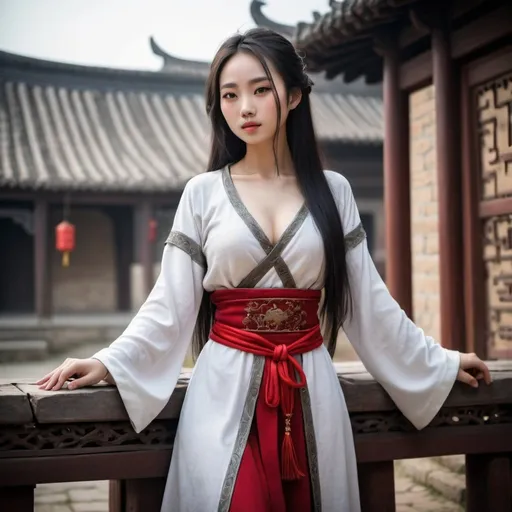 Prompt: CHINESE GIRL, BEAUTIFUL, PEITOS GRANDES, IRON CLOTH WITH NEILS, SENSUAL, POSE PROVOCANTE, FULL BODY, REALISTIC STYLE, MEDIEVAL PLACE