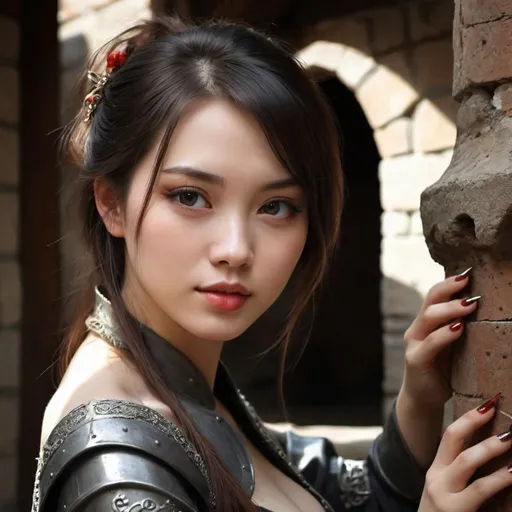 Prompt: CHINESE GIRL, BEAUTIFUL, PEITOS MUITO GRANDES, IRON CLOTH WITH NAILS AND SCREWS, SENSUAL, POSE PROVOCANTE, FULL BODY, REALISTIC STYLE, MEDIEVAL PLACE FULL OF BEAUTIFUL SHADOWS, FANTASY STYLE