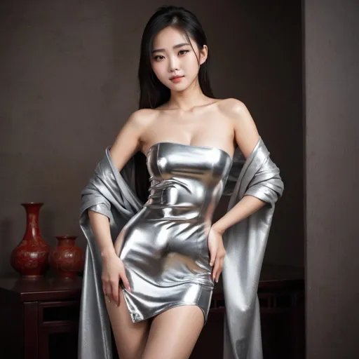 Prompt: CHINESE GIRL, BEAUTIFUL, PEITOS GRANDES, DRESSED IN A METALIC CLOTH, SENSUAL, POSE PROVOCANTE, FULL BODY