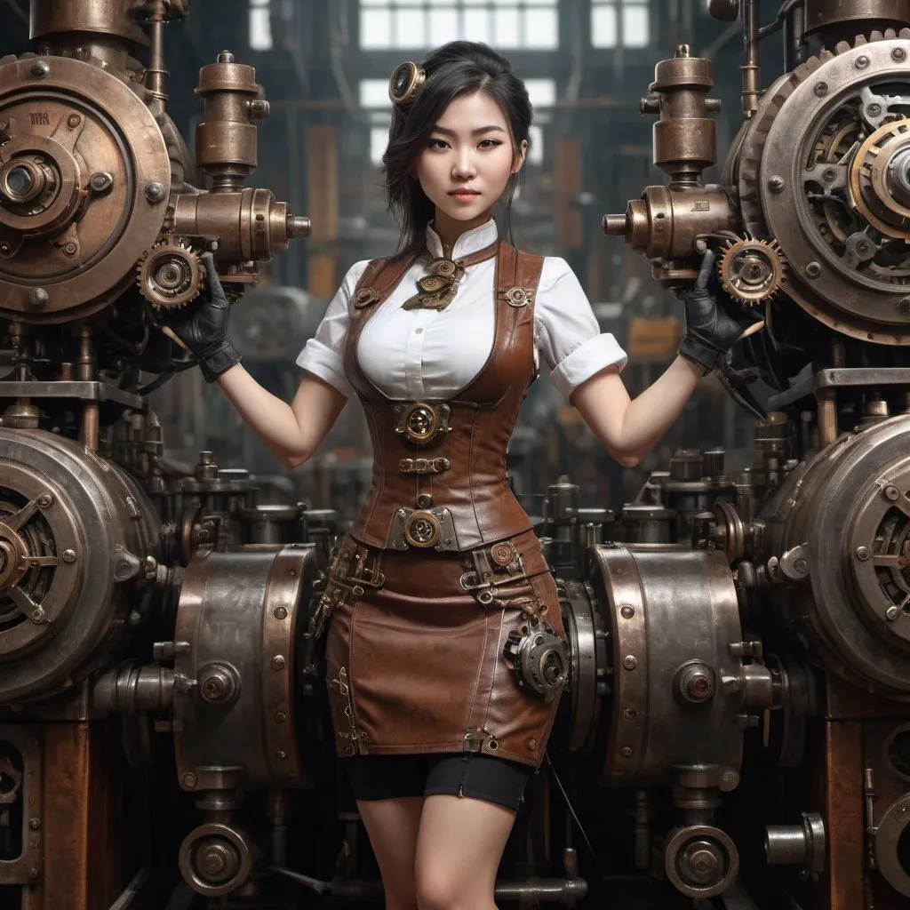 Prompt: steampunk CHINESE female machinist, mechanical, excited, skirt, symmetrical, perfect composition, hyperrealistic, super detailed, 8k, high quality, Splash art, front, epic Instagram, artstation, hyperdetailed intricately detailed, unreal engine, intricate detail, splash screen, complementary colors, concept art, 8k, heavy strokes, splash arts, full height, full body focus,