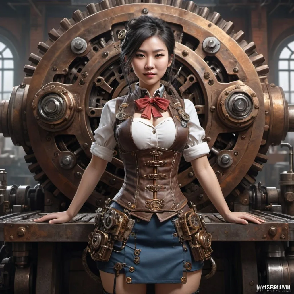 Prompt: steampunk CHINESE female machinist, mechanical, excited, skirt, symmetrical, perfect composition, hyperrealistic, super detailed, 8k, high quality, Splash art, front, epic Instagram, artstation, hyperdetailed intricately detailed, unreal engine, intricate detail, splash screen, complementary colors, concept art, 8k, heavy strokes, splash arts, full height, full body focus,