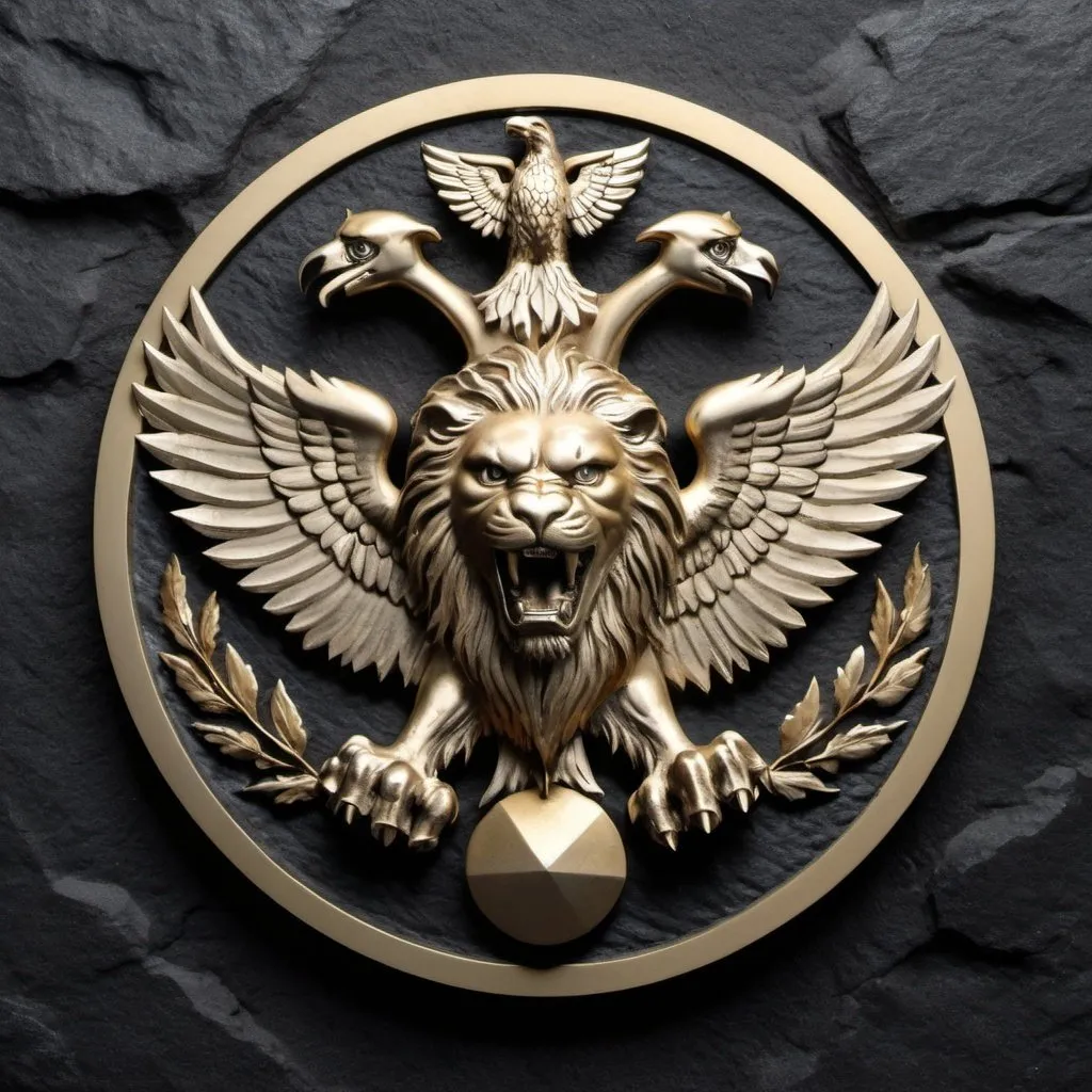 Prompt: metal 3d medallion for "Alexandre Fais', with metal eagles and lions, on a black rock