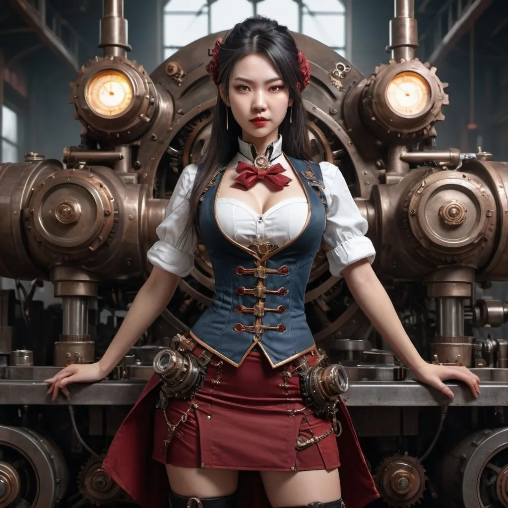 Prompt: steampunk VAMPIRE CHINESE female machinist, mechanical, excited, skirt, symmetrical, perfect composition, hyperrealistic, super detailed, 8k, high quality, Splash art, front, epic Instagram, artstation, hyperdetailed intricately detailed, unreal engine, intricate detail, splash screen, complementary colors, concept art, 8k, heavy strokes, splash arts, full height, full body focus,