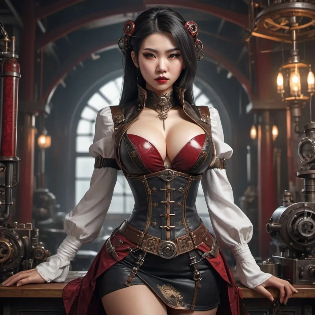 Prompt: steampunk VAMPIRE CHINESE female, FULL CHEST SIZE, revealing cleavage, machinist, mechanical, SENSUAL POSE, skirt, symmetrical, perfect composition, hyperrealistic, super detailed, 8k, high quality, Splash art, front, epic Instagram, artstation, hyperdetailed intricately detailed, unreal engine, intricate detail, splash screen, complementary colors, concept art, 8k, heavy strokes, splash arts, full height, full body focus,