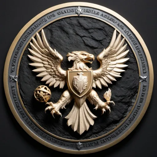 Prompt: metal 3d medallion for "Alexandre Fais', with metal eagles and lions, on a black rock