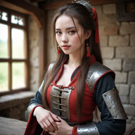 Prompt: CHINESE GIRL, BEAUTIFUL, PEITOS MUITO GRANDES, IRON CLOTH WITH NAILS AND SCREWS, SENSUAL, POSE PROVOCANTE, FULL BODY, REALISTIC STYLE, MEDIEVAL PLACE