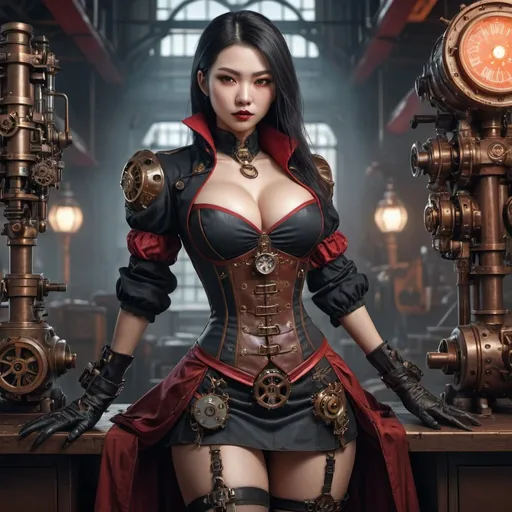 Prompt: steampunk VAMPIRE CHINESE female, FULL CHEST SIZE, machinist, mechanical, SENSUAL POSE, skirt, symmetrical, perfect composition, hyperrealistic, super detailed, 8k, high quality, Splash art, front, epic Instagram, artstation, hyperdetailed intricately detailed, unreal engine, intricate detail, splash screen, complementary colors, concept art, 8k, heavy strokes, splash arts, full height, full body focus,