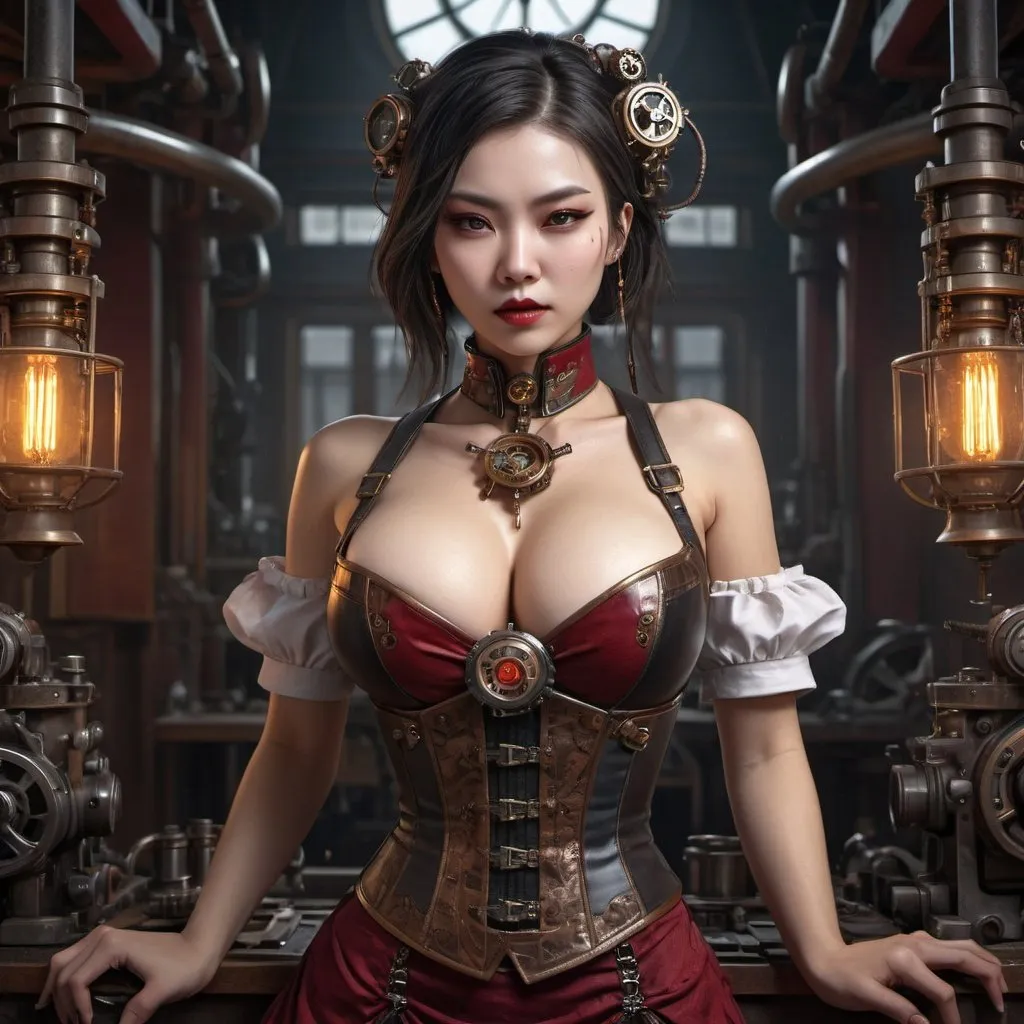 Prompt: steampunk VAMPIRE CHINESE female, FULL CHEST SIZE, revealing cleavage, machinist, mechanical, SENSUAL POSE, skirt, symmetrical, perfect composition, hyperrealistic, super detailed, 8k, high quality, Splash art, front, epic Instagram, artstation, hyperdetailed intricately detailed, unreal engine, intricate detail, splash screen, complementary colors, concept art, 8k, heavy strokes, splash arts, full height, full body focus,