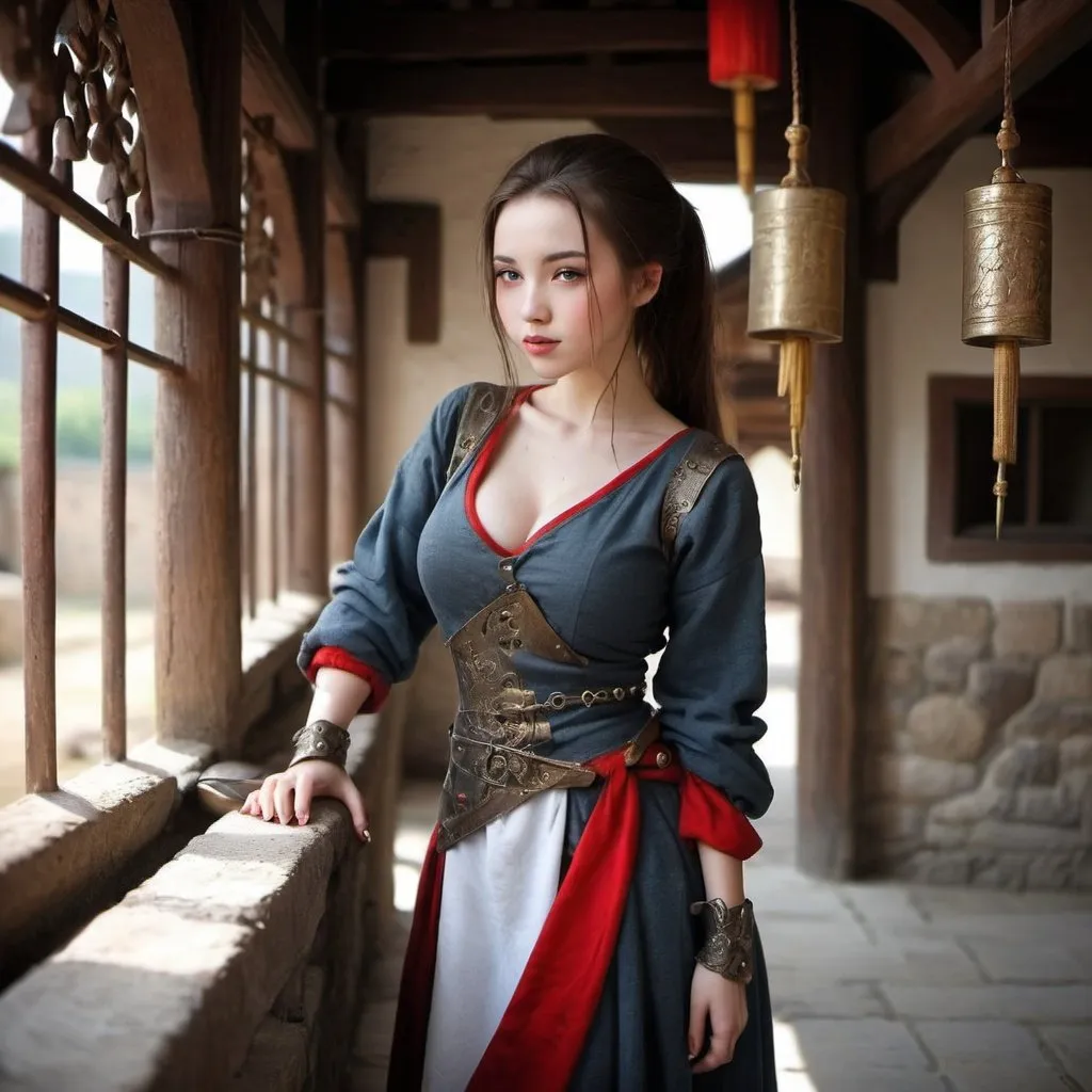 Prompt: CHINESE GIRL, BEAUTIFUL, PEITOS MUITO GRANDES, IRON CLOTH WITH NAILS AND SCREWS, SENSUAL, POSE PROVOCANTE, FULL BODY, REALISTIC STYLE, MEDIEVAL PLACE