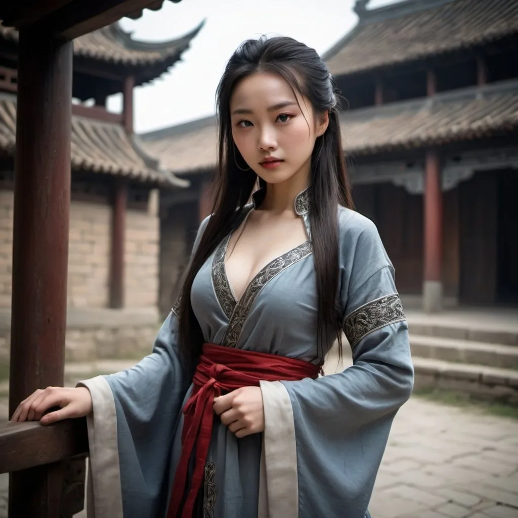 Prompt: CHINESE GIRL, BEAUTIFUL, PEITOS GRANDES, IRON CLOTH WITH NEILS, SENSUAL, POSE PROVOCANTE, FULL BODY, REALISTIC STYLE, MEDIEVAL PLACE