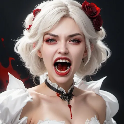 Prompt: realistic beautiful woman vampire big teeth white dress blood on mouth genshin impact stile