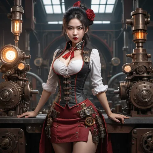 Prompt: steampunk VAMPIRE CHINESE female machinist, mechanical, excited, skirt, symmetrical, perfect composition, hyperrealistic, super detailed, 8k, high quality, Splash art, front, epic Instagram, artstation, hyperdetailed intricately detailed, unreal engine, intricate detail, splash screen, complementary colors, concept art, 8k, heavy strokes, splash arts, full height, full body focus,