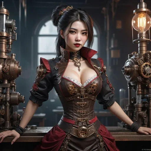 Prompt: steampunk VAMPIRE CHINESE female, FULL CHEST SIZE, machinist, mechanical, excited, skirt, symmetrical, perfect composition, hyperrealistic, super detailed, 8k, high quality, Splash art, front, epic Instagram, artstation, hyperdetailed intricately detailed, unreal engine, intricate detail, splash screen, complementary colors, concept art, 8k, heavy strokes, splash arts, full height, full body focus,
