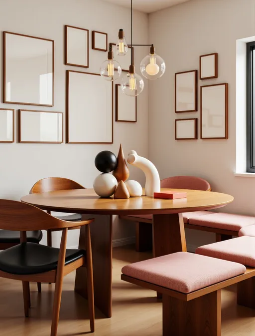 Prompt: The cozy corner of a contemporary dining area is adorned with an array of thin wooden blank picture frames artwork a waiting art to be place. A round table made of rich, dark wood anchors the space, surrounded by modern wooden chairs and a distinctive bench with pink cushions, inviting comfortable gatherings. At the center of the table, a minimalist sculpture and playful objects, artistic atmosphere. The subtle warm lighting highlights the textures of the wooden elements and the intricate details of the art, encapsulating a warm, inviting mood that encourages both conversation and creativity.