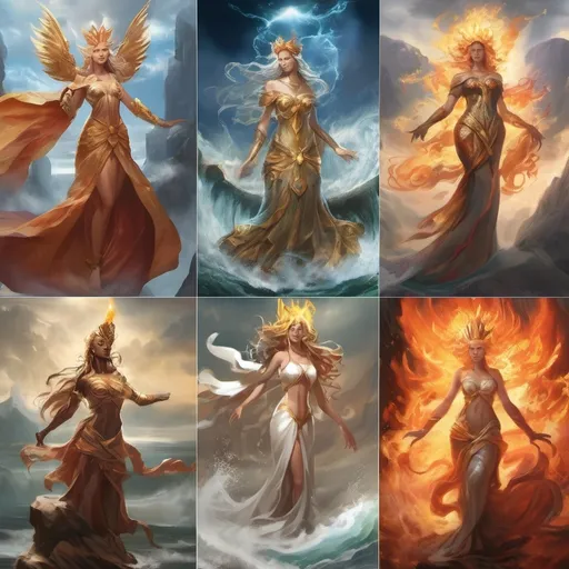 Prompt: Create a grand, epic scene featuring all 10 Master Cells from a fantasy TCG. Show 5 gods and 5 goddesses representing elemental forces.

God of Flame: A towering figure made of molten lava and blazing fire, with a fiery crown.

God of Tides: A majestic entity composed of crashing waves and ocean currents, with an elaborate aquatic-themed crown.

God of Thunder: A dynamic figure crackling with lightning, wielding a glowing staff.

God of Zephyrs: An ethereal being with a flowing, cloud-like robe and delicate, transparent wings.

God of Mountains: A solid figure made of rugged stone and earth, with a crown of mountain peaks.

Goddess of Flames: An elegant figure surrounded by swirling fire, wearing a gown of shimmering flame.

Goddess of Rivers: A graceful entity composed of flowing water, with a dress made of cascading rivers.

Goddess of Storms: A commanding figure with storm cloud robes and swirling lightning patterns.

Goddess of Breezes: A delicate being with a light, airy form, wearing a flowing dress made of gentle wind currents.

Goddess of Earth: A powerful figure made of living rock and fertile soil, adorned with flowering plants.

Set the scene in a cosmic or magical environment that highlights their grandeur and elemental power. Ensure each figure is distinct and conveys their elemental affinity clearly.