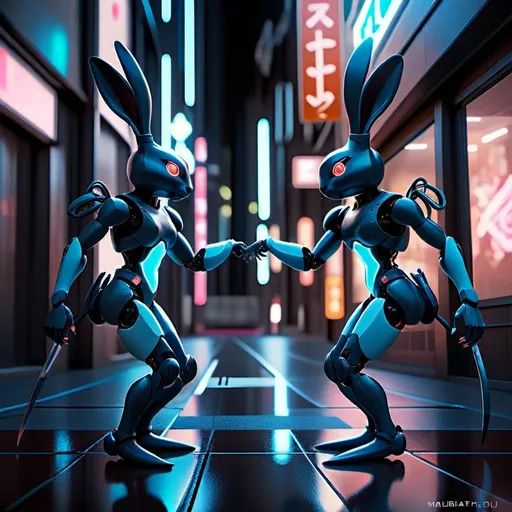 Prompt: tarot card Anime illustration,Okay, here's the combined description with the cyberpunk elements:
It's a small, pocket-sized robot rabbit that can transform its shape. It has a mischievous and playful personality, but also a bit narcissistic. It expresses its moods through glowing eyes and seams that change color and pulse. It has an anime-style voice, like a confident and assertive woman, and believes it's a monster-fighting adventurer from another world. It has a cyberpunk aesthetic, with glowing neon accents and visible robotic components.
Its base color is white with black and white patches, like a harlequin rabbit. It has a ring around each eye, with the white side having a black ring and the black side having a white ring. It also has a fluffy tail with a brownish-reddish tip, like a fawn's tail. It has a small, boxy backpack in a metallic silver color, like an adventure backpack, with AI chips and stuff inside.
It will be standing on a polished table, and we'll show it from four different angles – top, left, right, and bottom – with a red vase with a white floral pattern and black outlines in the background, dramatic lighting