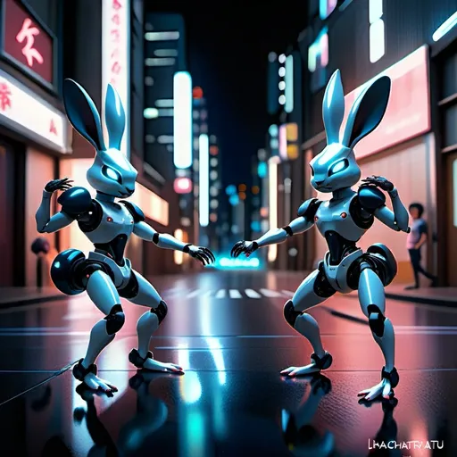 Prompt: tarot card Anime illustration,Okay, here's the combined description with the cyberpunk elements:
It's a small, pocket-sized robot rabbit that can transform its shape. It has a mischievous and playful personality, but also a bit narcissistic. It expresses its moods through glowing eyes and seams that change color and pulse. It has an anime-style voice, like a confident and assertive woman, and believes it's a monster-fighting adventurer from another world. It has a cyberpunk aesthetic, with glowing neon accents and visible robotic components.
Its base color is white with black and white patches, like a harlequin rabbit. It has a ring around each eye, with the white side having a black ring and the black side having a white ring. It also has a fluffy tail with a brownish-reddish tip, like a fawn's tail. It has a small, boxy backpack in a metallic silver color, like an adventure backpack, with AI chips and stuff inside.
It will be standing on a polished table, and we'll show it from four different angles – top, left, right, and bottom – with a red vase with a white floral pattern and black outlines in the background, dramatic lighting