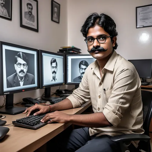 Prompt: a man with a mustache sitting in front of a computer desk with a monitor on it's side, Bikash Bhattacharjee, bengal school of art, jayison devadas, computer graphics