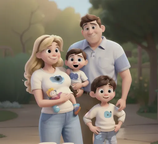 Prompt: Create a heartwarming Pixar-style cartoon image featuring a loving family of four: a father, mother, son, and a baby boy in the mother's hands. Infuse the scene with vibrant colors and the iconic Pixar charm. The father should be depicted with a touch of black color, while the mother, son, and baby boy remain predominantly white. Ensure high-quality detailing and expressions that convey the warmth and joy of familial bonds.