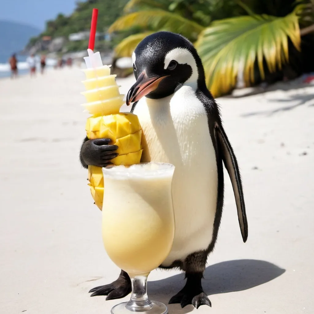 Prompt: un pinguinito en Acapulco con una Pina colada