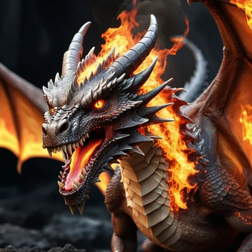 Prompt: photo realistic dragon spread wing closeup fire coming put of mouth, cruel eyes