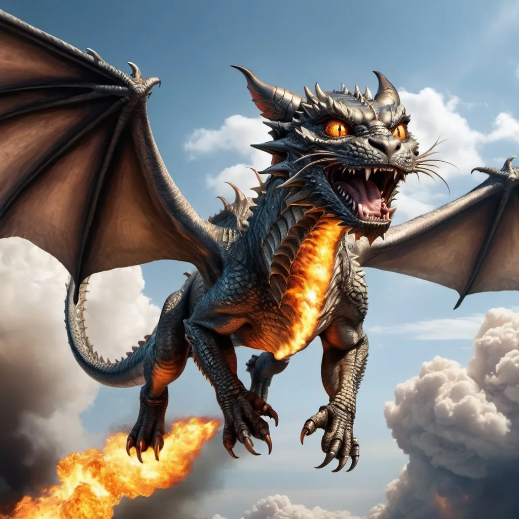 Prompt: photo realistic flying dragon in the sky, with the face of a metallic cat, seen from the ground, spread wing , fire coming out of nose, cruel eyes. 