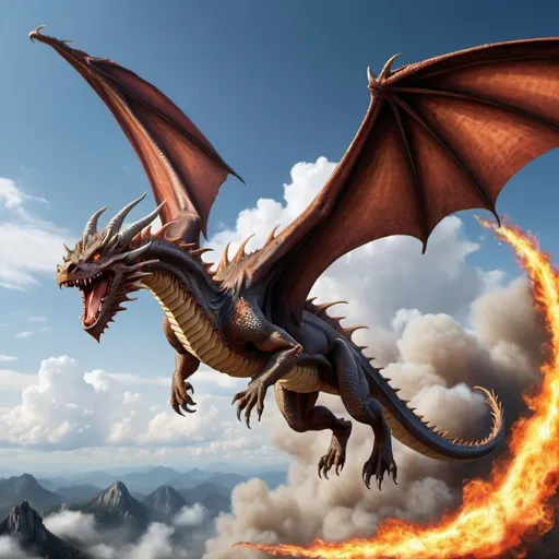 Prompt: photo realistic flying dragon in the sky, seen from the ground, spread wing , fire coming out of nose, cruel eyes