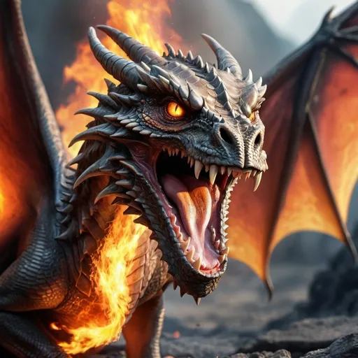 Prompt: photo realistic dragon spread wing closeup fire coming put of mouth, cruel eyes