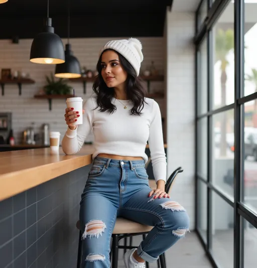 Prompt: @rPvw4w8kT4u5j1g3nECr Photograph of a young woman with black wavy hair, wearing a white knit beanie, white ribbed long-sleeve top, and high-waisted blue jeans with distressed knees. She sits on a wooden counter in a modern café, holding a white disposable coffee cup with a straw. Her left leg is bent and resting on the counter, while her right leg is stretched out. The café has a white-tiled wall, black pendant lights, and a visible kitchen area in the background. Large windows on the right side reveal a sunny outdoor scene with a palm tree and parked cars. The woman has a light complexion and is looking slightly to the left with a relaxed expression. try with different angel